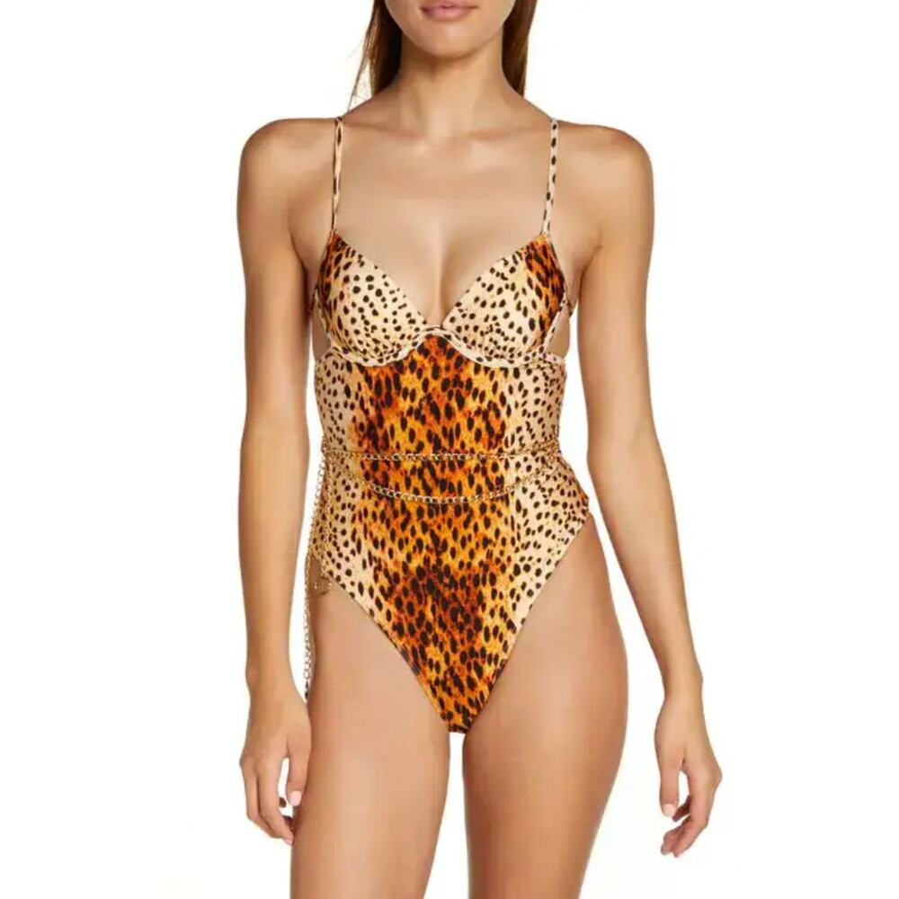 RIVER ISLAND Strappy Chain Belt Plunge One Piece Swimsuit Leopard US 8 - Picture 1 of 4